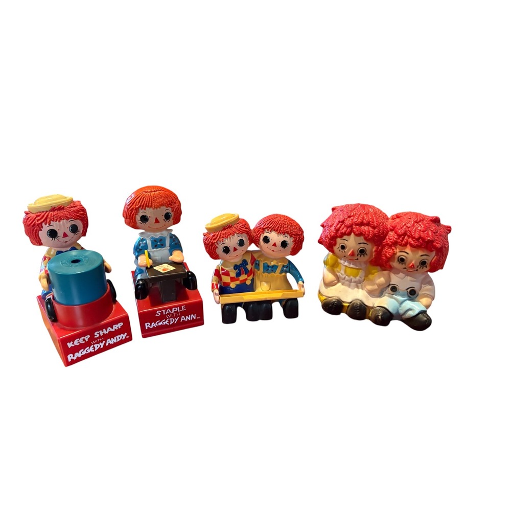 Vintage Raggedy Ann & Andy Pencil holder, Pencil Sharpener, Stapler & night lite